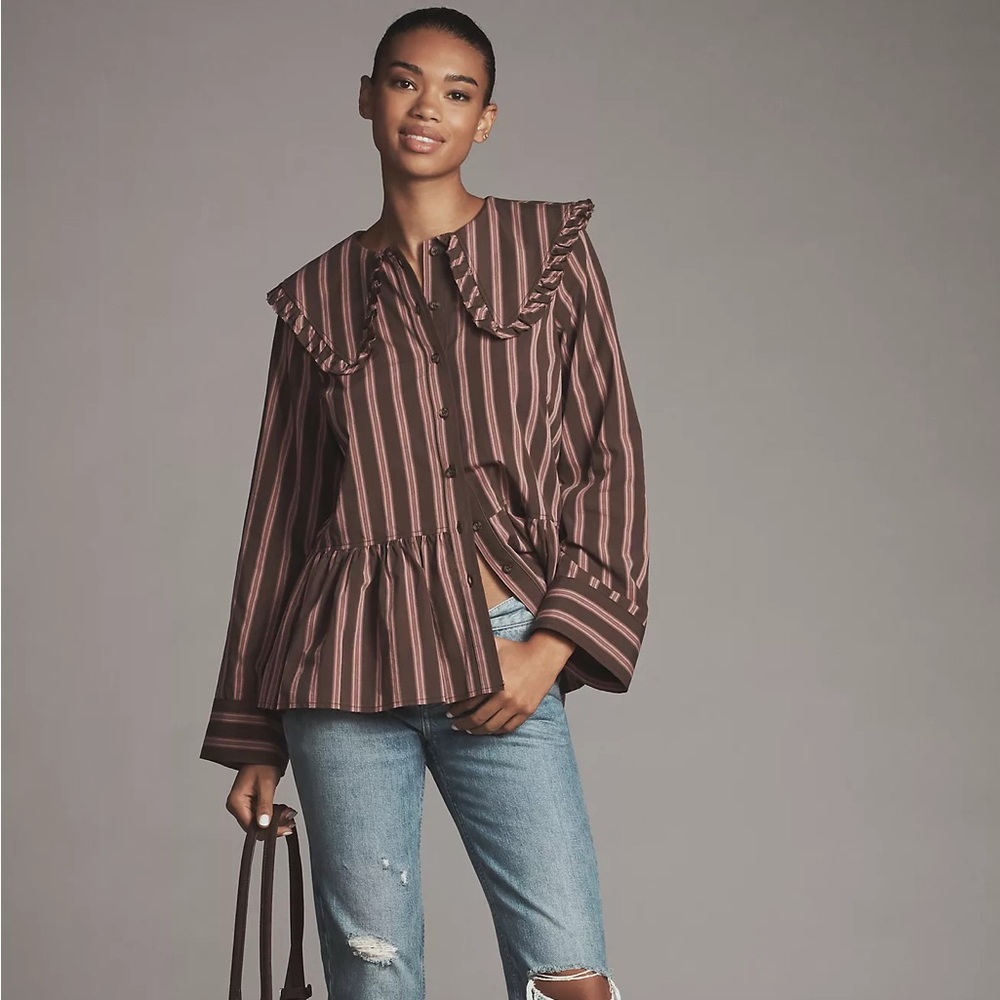 Maeve Brown and Pink Striped Ruffle Collar Blouse